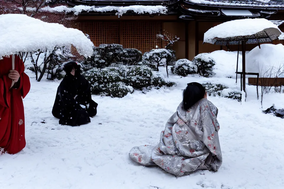 Image similar to The Japanese ronin cuddled the kimono girl who bowed her head in the middle of the night, covered with snow.