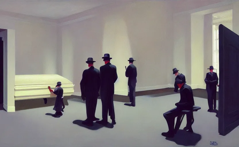 Prompt: Inside a funeral, very coherent, painted by Edward Hopper, Wayne Barlowe, painted by James Gilleard, airbrush, art by JamesJean