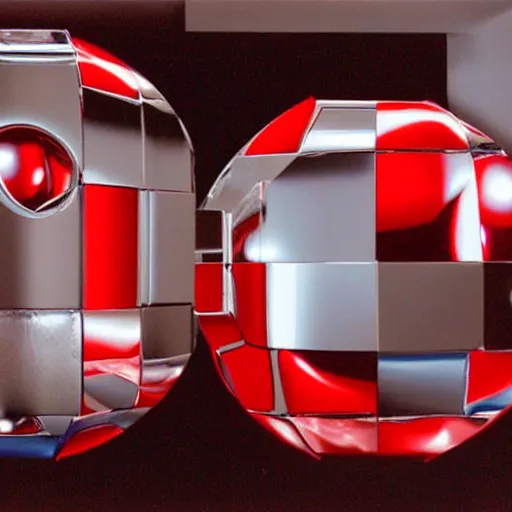 Prompt: chrome spheres on a red cube by stanley kubrick