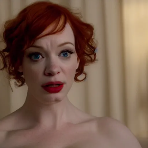 Image similar to amazing beautiful Christina Hendricks with mouth wide open in the living room, film still from the movie directed by Denis Villeneuve , wide lens