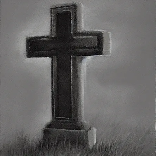 Prompt: A beautiful painting of a cross headstone, in a old cemetary hyperrealism        dark color scheme