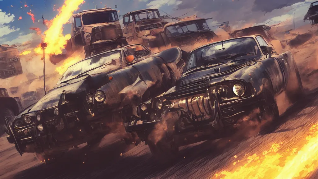 Image similar to anime illustration of mad max's fj 4 0 pursuit special, the last v 8 interceptor driving down to the gates of valhalla highway, riding fury road eternal shiny and chrome, world of fire and blood, by makoto shinkai, ilya kuvshinov, lois van baarle, rossdraws, basquiat, global illumination ray tracing hdr