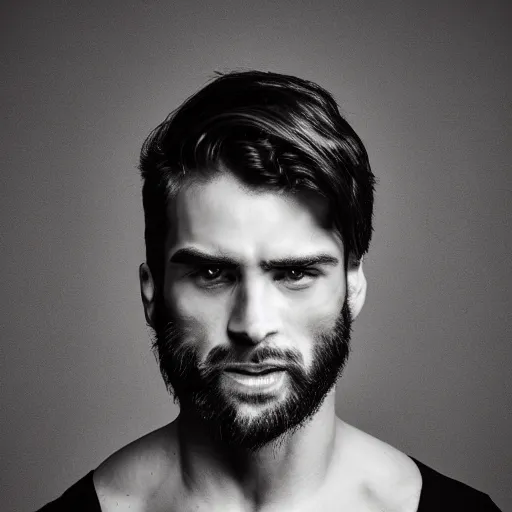 Prompt: A muscular man with an extremely chiseled jaw and dark beard, hair styled backwards, confident looking, black and white photo, softbox studio lighting