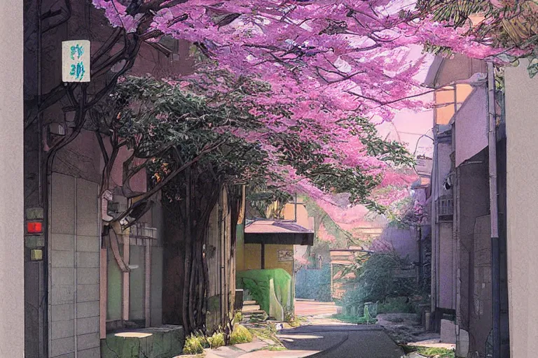 Prompt: beautiful Japanese anime alleyway with sakura trees, art by Vincent Di Fate, rule of thirds