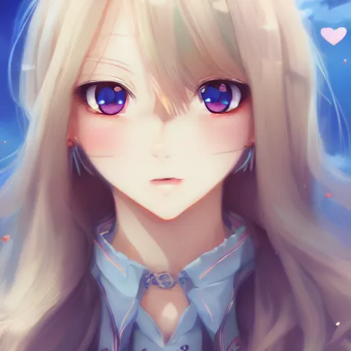 Image similar to a very beautiful anime cute girl, full body, long wavy blond hair, sky blue eyes, full round face, short smile, fancy top, miniskirt, front view, medium shot, mid-shot, highly detailed, cinematic wallpaper by Stanley Artgerm Lau