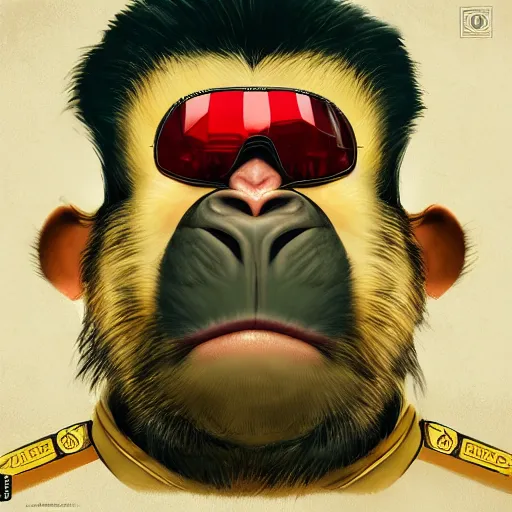 Image similar to [Monkey as president of Banana as GTA character, propaganda!, closeup, D&D, intricate, elegant, highly detailed, digital painting, artstation, concept art, matte, sharp focus, illustration, art by Artgerm and Greg Rutkowski and Alphonse Mucha and Enki Bilal]