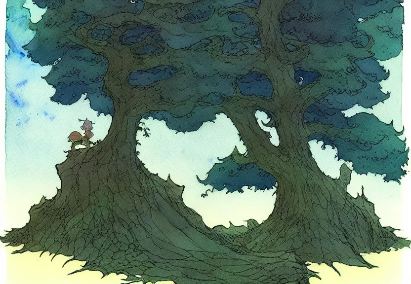 Image similar to a simple watercolor fantasy concept art of a dark grey cube next to a tree at night. by studio ghibli, rebecca guay, michael kaluta, charles vess