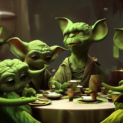 Prompt: green elephants with yoda ears at a tea party, greg rutkowski and jason chan highly detailed cinematic lighting octane render unreal engine