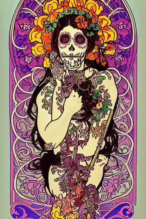 Image similar to Illustration of a sugar skull day of the dead girl, art by alphonse mucha