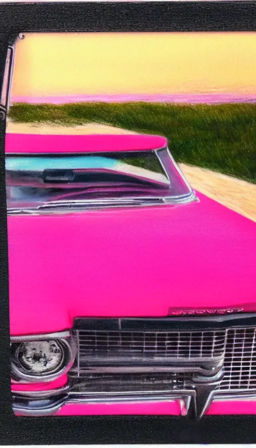 Prompt: polaroid of a 1 9 6 3 red cadillac convertible in the distance driving down empty highway into a pink sunrise, oil pastel, high detail, realistic, vintage