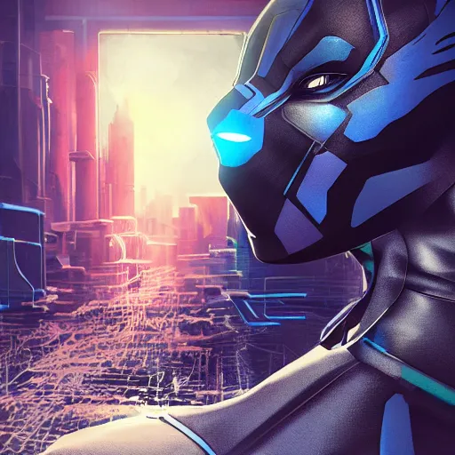 Image similar to 3 d render cyberpunk fantasy art picture of blue and black panther. blood drips from its mouth. a robot lays in a ditch in the background. depth of field. 8 0 mm