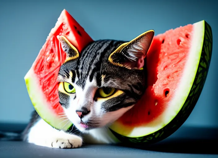 Image similar to photo of a cat wearing a helmet made of a watermelon. highly detailed 8 k. intricate. lifelike. soft light. nikon d 8 5 0 5 5 mm. dof. cinematic postprocessing.