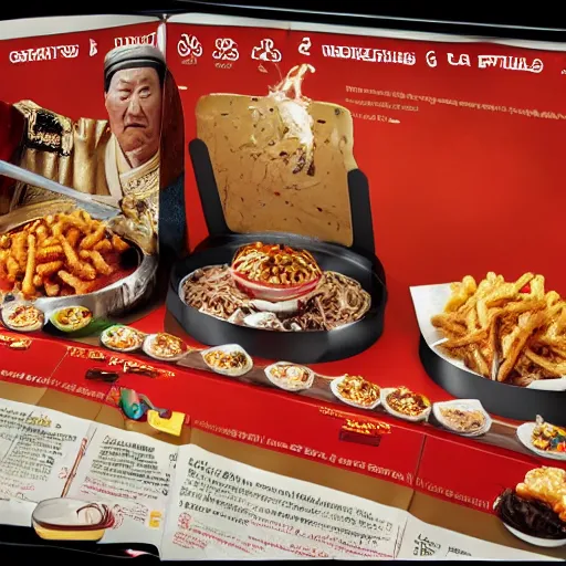 Image similar to genghis khan in mcdonalds, ad, very detailed, photography