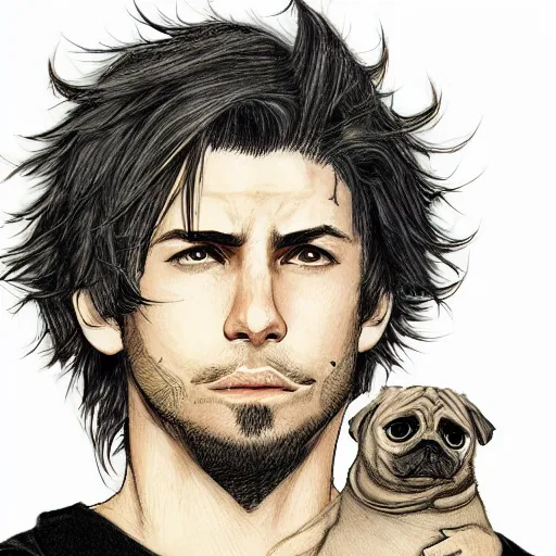 Image similar to self portrait, young white hispanic handsome man with short light brown hair and light skin and a 5 o clock shadow and holding a pug while fighting against 2 swordsmen pencil art, added detail, high definiton, colored, backfacing, illustrated by yoji shinkawa