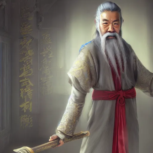 Image similar to portrait painting of a 6 0 year old kind handsome taoist priest, like runfa zhou, silver ponytail hair, amiable by wenjun lin, irakli nadar, bright colors, octopath traveler, wenjun lin, unreal engine 5 highly rendered, global illumination, radiant light, detailed and intricate environment