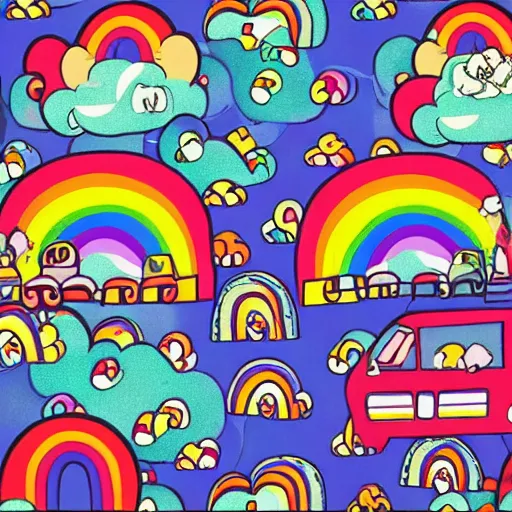 Prompt: cartoon hippie wonderland, rainbows, muted pallet, tons of clouds, hippie riding in a van with peace symbol glasses on