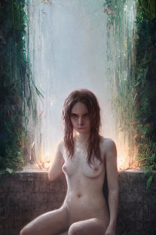 Prompt: portrait of bohemian girl in a white tub in the middle of tulum mexico jungle, staring directly into camera, intricate, elegant, glowing lights, highly detailed, digital painting, artstation, sharp focus, illustration, art by wlop, mars ravelo and greg rutkowski