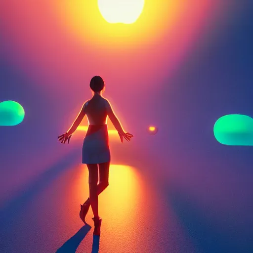 Prompt: a girl glowing with neon colors in the middle of a beautiful desert sunrise, photorealistic, 8k resolution, octane render, unreal engine