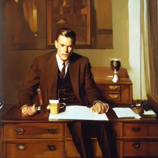 Prompt: man in desk with coffee and black suit by leyendecker and dean cornwell, 8 feet from the camera, 6 0 ´ s furniture