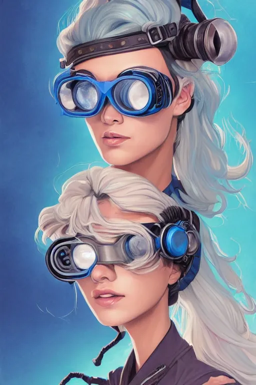 Prompt: portrait painting of a teenage girl with swept back wild blue hair, fashionable, windy, steampunk, reflective goggles, smirking, full body, flat color solid background color, sharp focus, award - winning, cinematic pose, cinematic lighting, trending on artstation, masterpiece, highly detailed, intricate. art by josan gonzales and moebius and deathburger