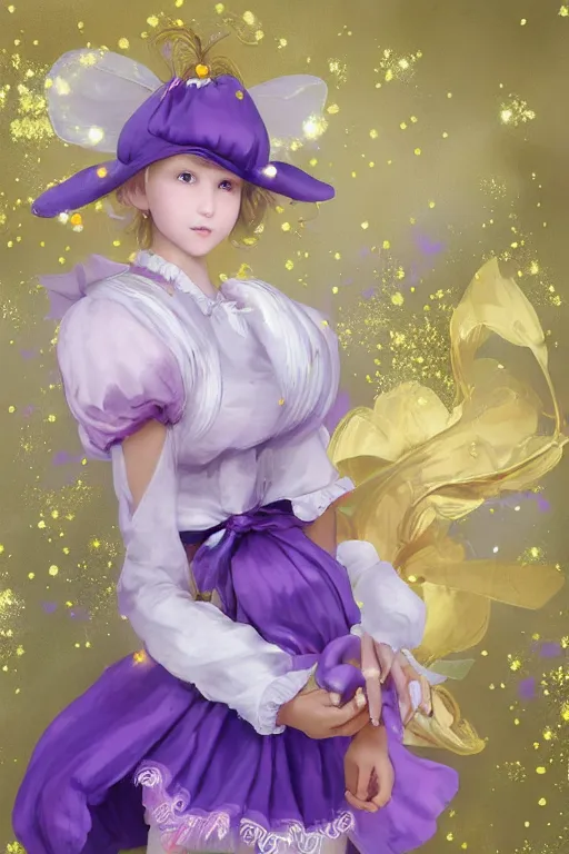 Image similar to Full View fairy maiden with short blond hair wearing an oversized purple Beret, Baggy Purple overall shorts, Short Puffy pants made of silk, silk shoes, a big billowy scarf, Golden Ribbon, and white leggings Covered in stars. covered in embroidery. Short Hair. peasant magic. masterpiece 4k digital illustration by Ruan Jia and Mandy Jurgens and Artgerm and william-adolphe bouguereau, award winning, Artstation, art nouveau aesthetic, Alphonse Mucha background, intricate details, realistic, panoramic view, Hyperdetailed, 8k resolution, intricate art nouveau