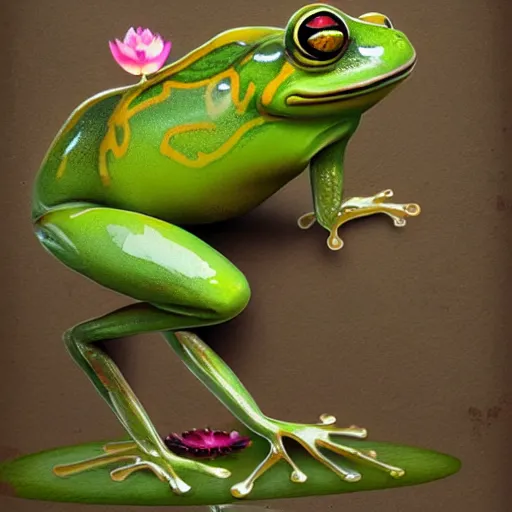 Image similar to a transparent frog standing on a lotus, digital art, trending on artstation