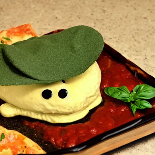 Image similar to platypus wearing a chef hat while putting a lasagna in an oven, with three basil leaves over the lasagna