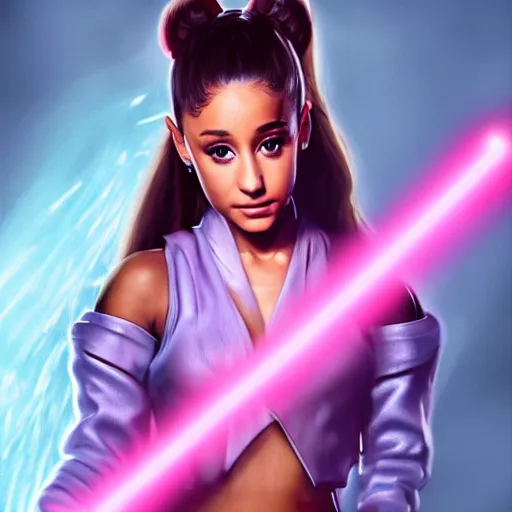 Image similar to A hyper realistic photo of Ariana Grande in the Star Wars universe with two pink lightsabers. Maximum detail on artstation, photo realism