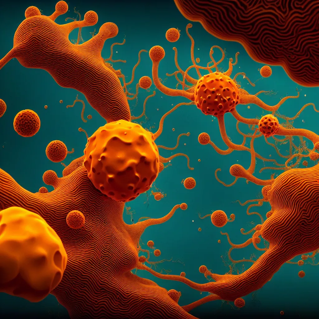 Image similar to wes anderson fractal amoeba dream cancer infected by night, dark background, neoplasticism, bacteria, molecular biology microbiology, beautiful biological forms organisms, virus, t 7 bacteriaphage, translucent, octane, sharp focus, liminal space, greg rutkowski, chihuly, artstation