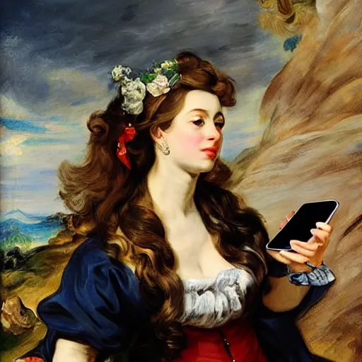 Image similar to heavenly summer sharp land sphere scallop well dressed lady taking a selfie with her iphone auslese, by peter paul rubens and eugene delacroix and karol bak, hyperrealism, digital illustration, fauvist, iphone