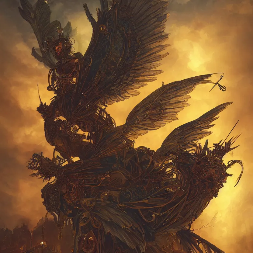 Prompt: a beautiful tarot card artwork of a dark steampunk seraphim, backlit, highly detailed, golden hour, digital painting, by eddie mendoza and greg rutkowski and dan mumford and artgerm, vivid colors, masterpiece, detailed shading, 8 k resolution, intricate, smooth