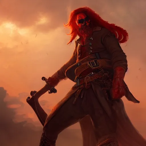 Prompt: A red headed sky-pirate with pistol and sword, epic fantasy, dreamscape maximized, cinematic lighting, fantasy art illustration, trending on Artstation