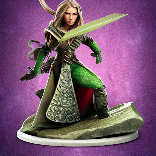 Prompt: Warrior Elizabeth Olsen, Dungeons & Dragons official miniature, figurine standing on a tabletop with dice, photorealism, tilt shift, closeup, highly detailed