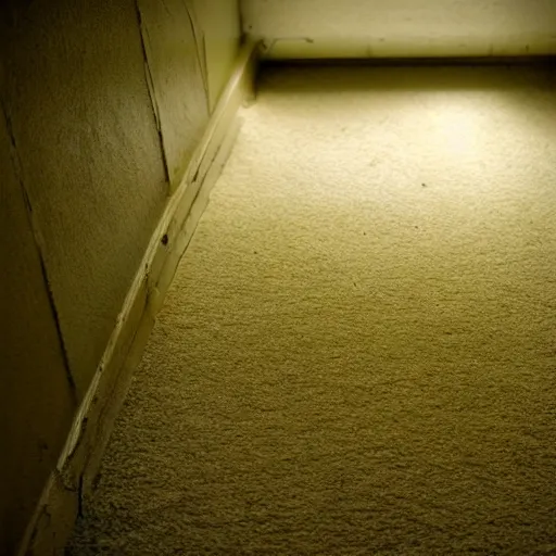 Prompt: Creepy creature in the backrooms, old moist carpet, mono-yellow, fluorescent lights, randomly segmented rooms, eerie