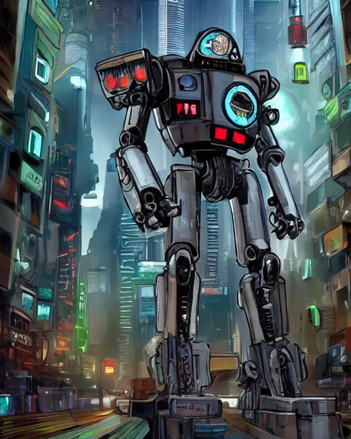 Image similar to mecha version of the tinman from the wizard of oz, danguiz, cyberpunk city street background