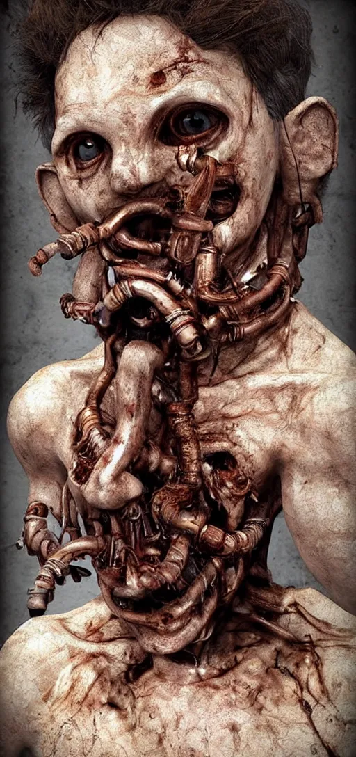 Image similar to extremely realistic human face with rusty pipes extruding from mouth and ears, body horror, scary, horror, weird