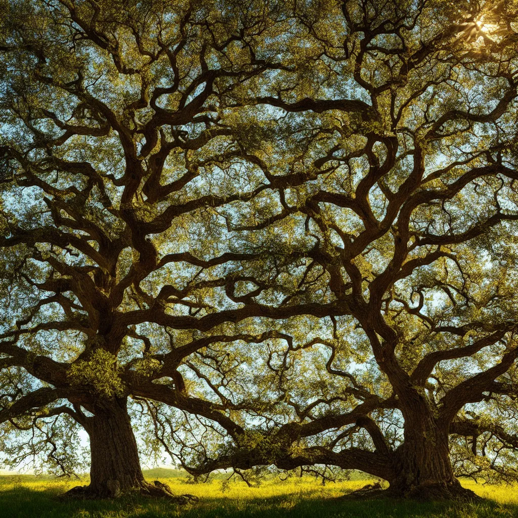 Image similar to old oak tree smoothly transitioning into four seasons of the year, the tree is growing on a meadow, cinematic lighting, photo realistic image, 4K, super detailed, cinematic look