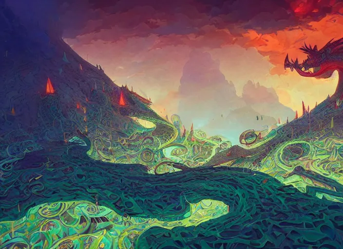 Image similar to psychedelic concept art of a dragon landscape made of thousands of spiraling dragons, cel shaded, in the style of makoto shinkai and moebius and peter mohrbacher and anton fadeev