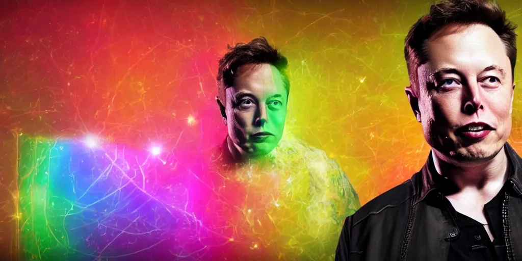 Prompt: elon musk with the face of waya steurbaut hero combination rainbow glowing suite high resolution film render 100k, photo realistic, epic, colourful close up shot