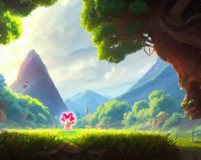 Image similar to pokemon sword and shield ghibli landscape illustration close floral clearing and mountains in the background, deep focus, d & d, fantasy, intricate, elegant, highly detailed, digital painting, artstation, concept art, matte, sharp focus, illustration, hearthstone, art by fire watch game and greg rutkowski, no characters