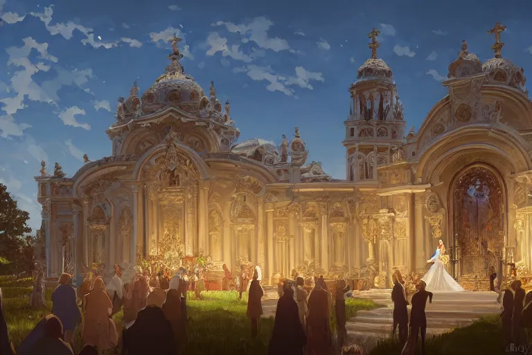 Prompt: an ornate baroque church, wedding party in front, scene in an open field. key visual, conceptart, ambient lighting, highly detailed, digital painting, artstation, concept art, sharp focus, by makoto shinkai and akihiko yoshida and greg manchess