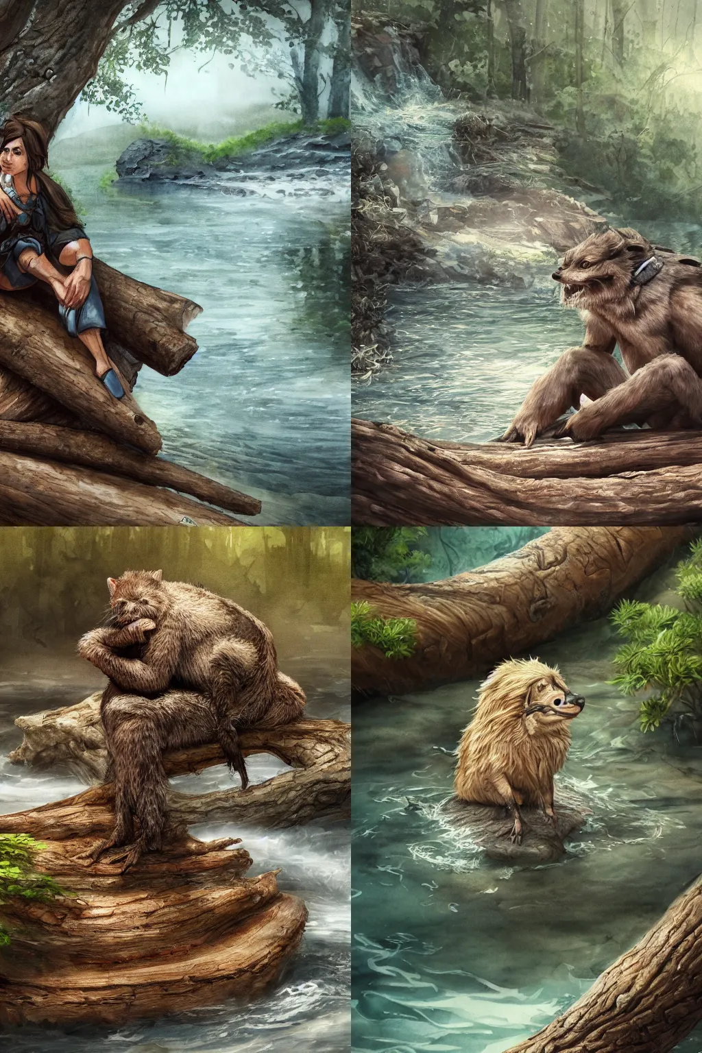 Prompt: a gibsioplin sitting on a log, strong imagery, highly detailed, illustration, highly detailed water colour 8k, cinematic lighting, HD, high detail, atmospheric, trending on artstation