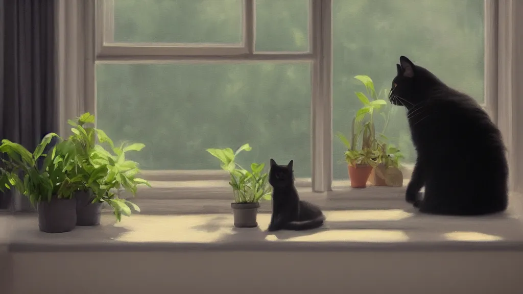 Image similar to peaceful dreamy oil painting of a content black cat sitting by a window and looking outside, sunshine coming through the window, small plants on the window sill, 8k, hyper realism, trending on artstation, octane render