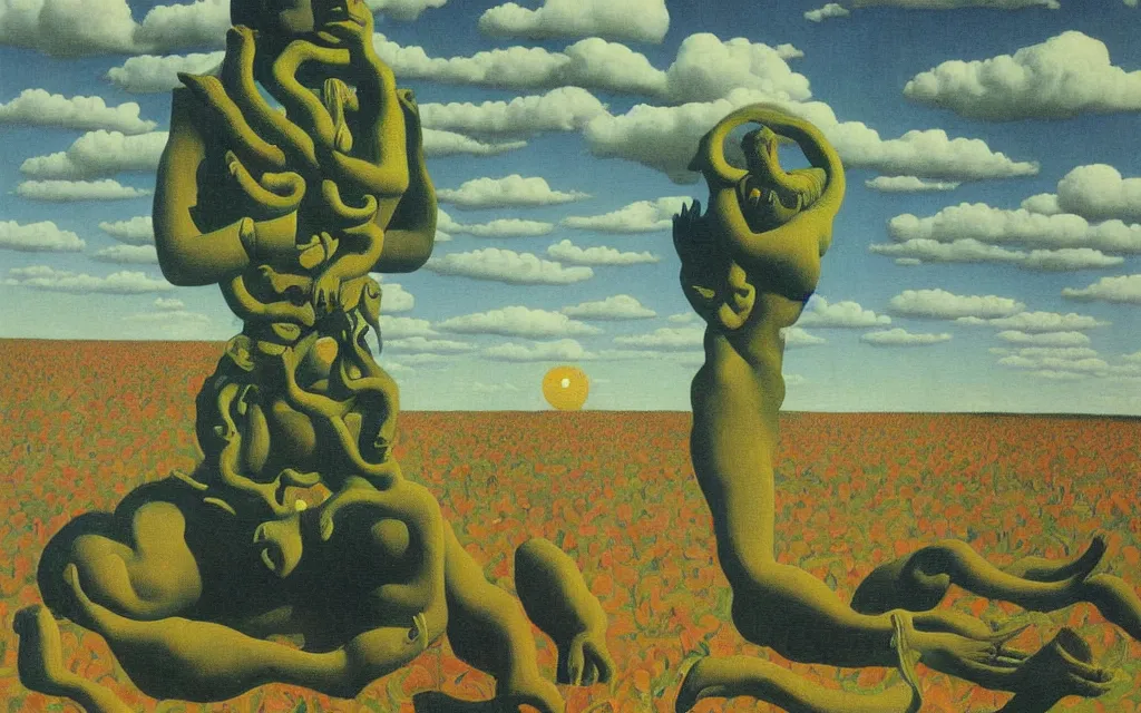 Image similar to hindu god in golden meadow, detailed painting by rene magritte