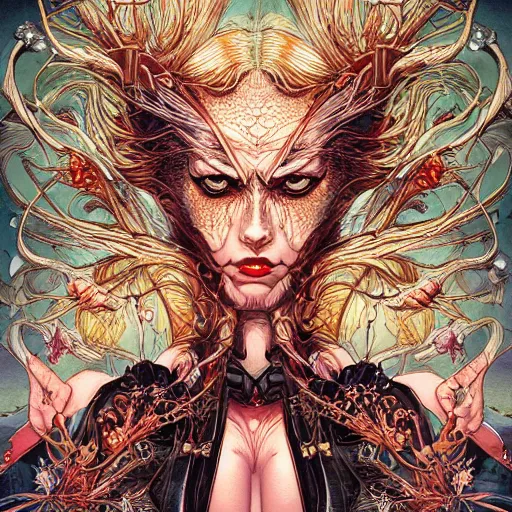 Image similar to portrait of crazy mystique, symmetrical, by yoichi hatakenaka, masamune shirow, josan gonzales and dan mumford, ayami kojima, takato yamamoto, barclay shaw, karol bak, yukito kishiro