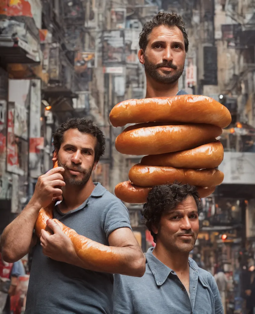 Image similar to closeup portrait of a man carrying a giant hotdog on his shoulder in a smoky new york back street, by Annie Leibovitz and Steve McCurry, natural light, detailed face, CANON Eos C300, ƒ1.8, 35mm, 8K, medium-format print