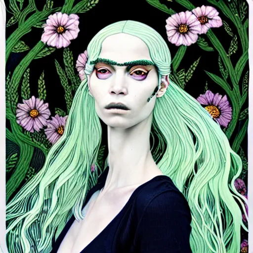 Image similar to the non-binary deity of Spring, resembling a mix of Grimes, Aurora Aksnes, and Zoë Kravitz, in a style blend of Botticelli, Möbius and Æon Flux, stunningly detailed artwork, very fine inking lines