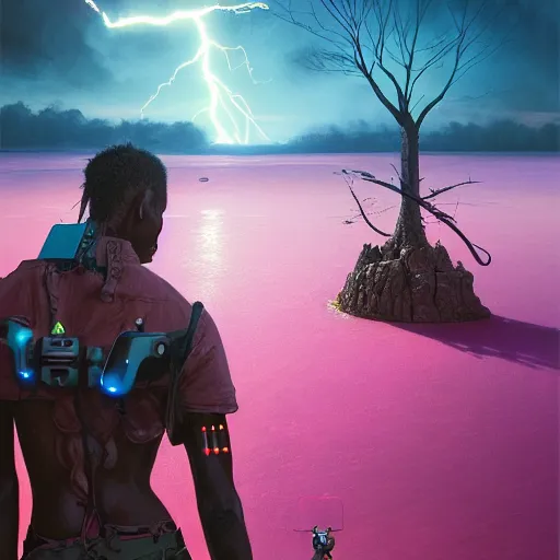 Prompt: a zulu cyberpunk hunter with a drone near a pink lake witha a baobab tree in a lightning storm by greg rutkowski and android jones in a surreal portrait style, oil on canvas, 8k resolution.