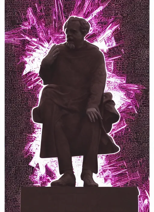 Image similar to elegant dark design poster showing a beautiful greco roman statue of friedrich nietzsche, black background with very subtle red and purple design elements, bold, powerful, nekro, vito acconci, thin straight purple lines, dark, glitch art, neo vaporwave, gritty, layout frame, square, trending on artstation