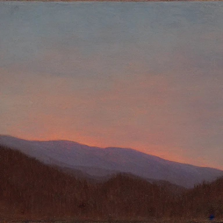 Prompt: new hampshire, mountains, winter, twilight, luminous, abbott handerson thayer, glaze oil painting